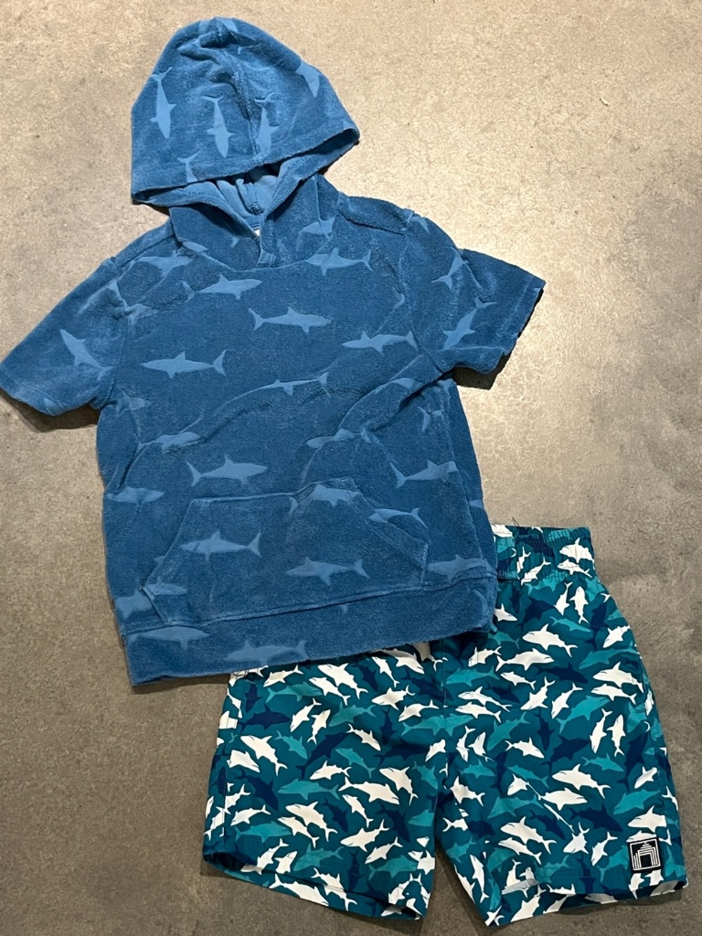 Cabana Life Teal and White Shark Swim Shorts and old Navy terry cloth cover up 5